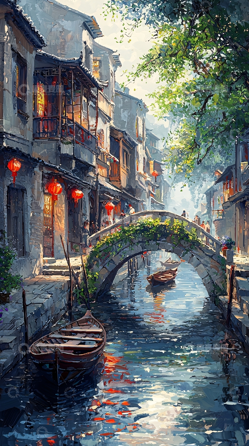 高清大图下载【趣麦麦图】水乡古镇的石桥红灯笼