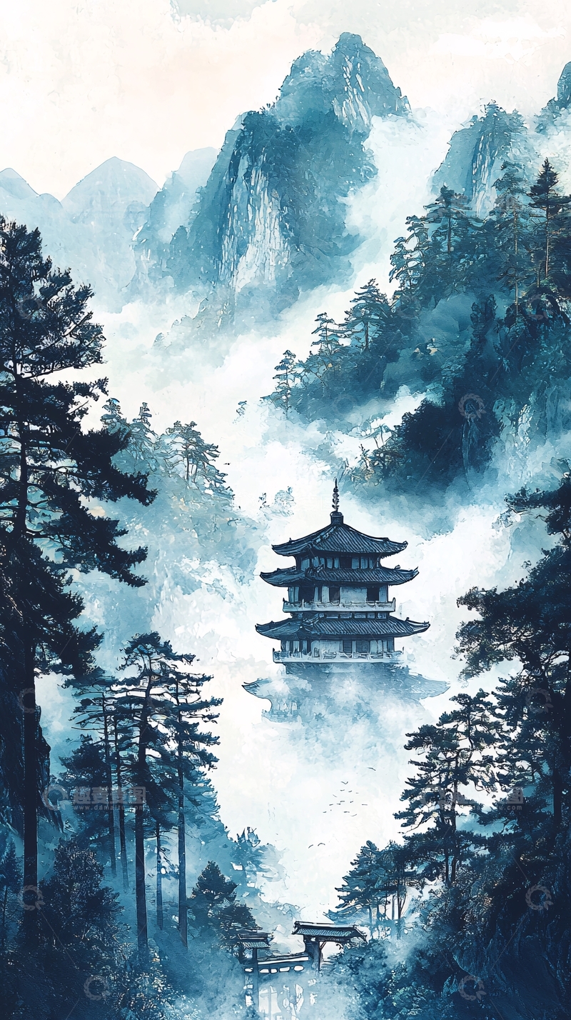 高清大图下载【趣麦麦图】水墨山水中的古塔