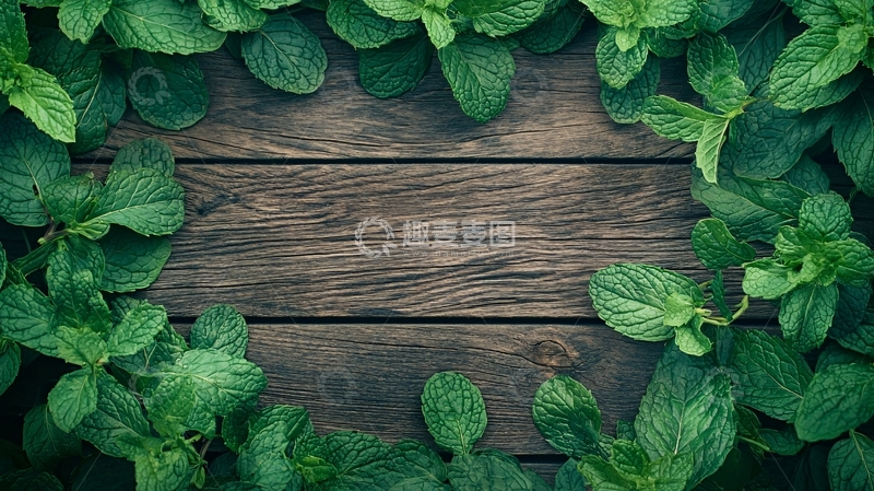 高清大图下载【趣麦麦图】薄荷叶木质背景