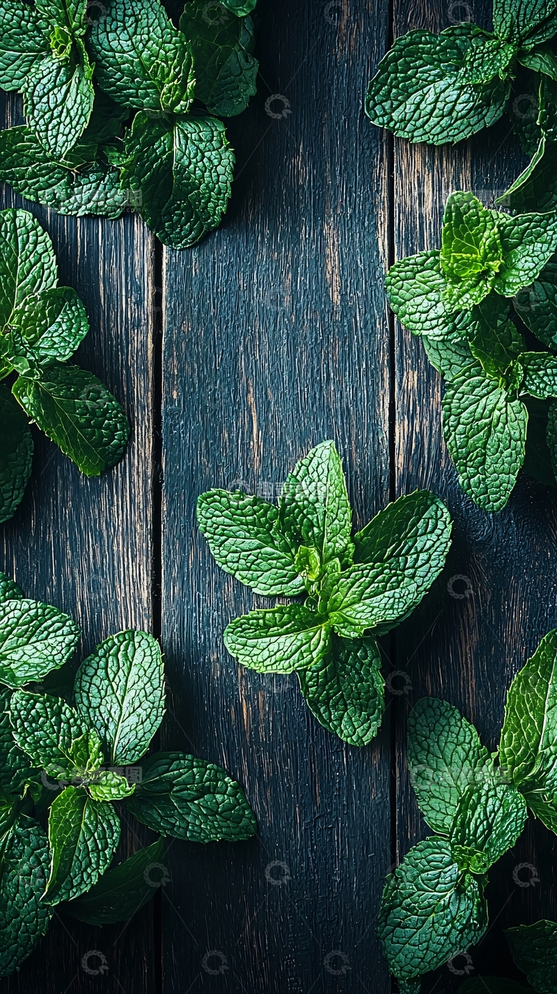 高清大图下载【趣麦麦图】深色木质背景上的薄荷叶