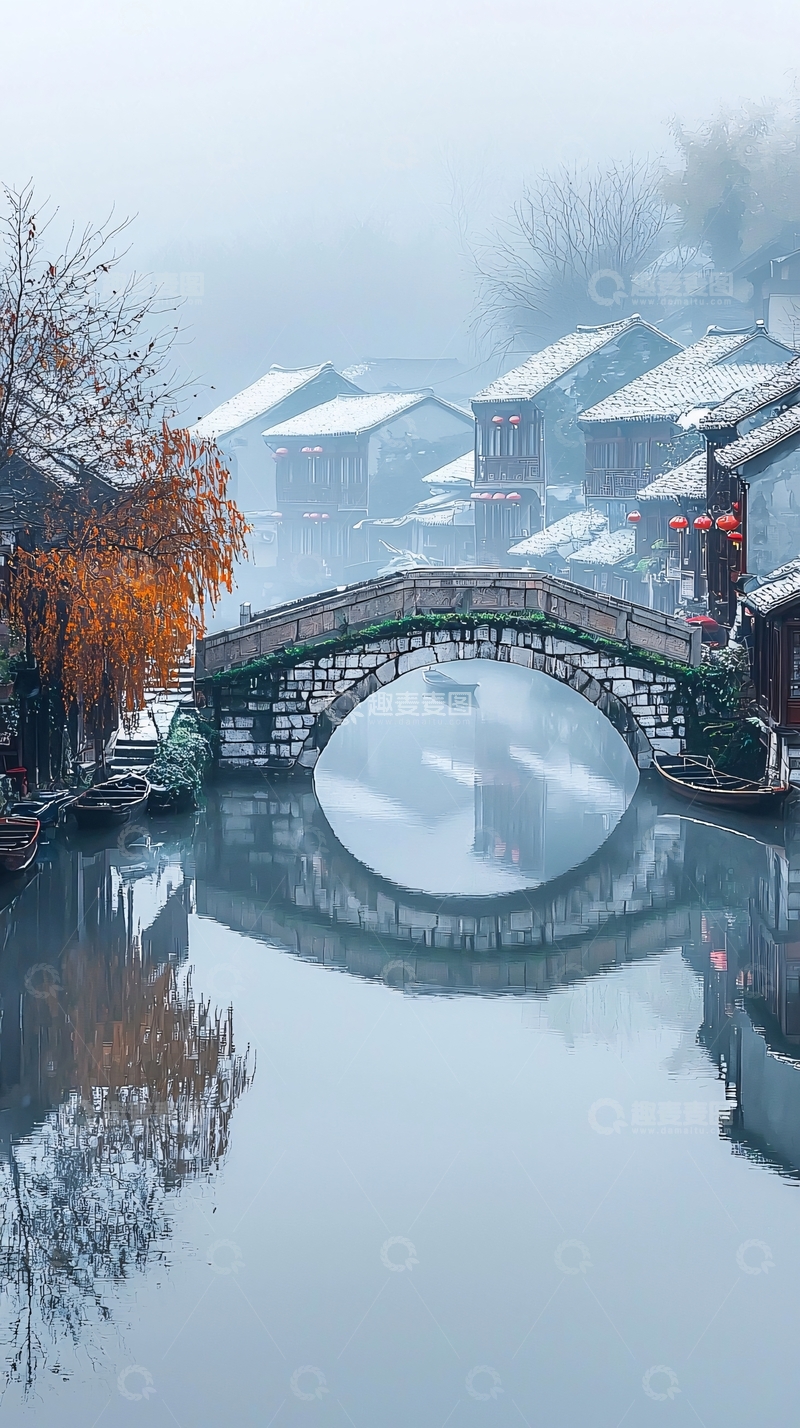 高清大图下载【趣麦麦图】雾蒙蒙的古镇石桥