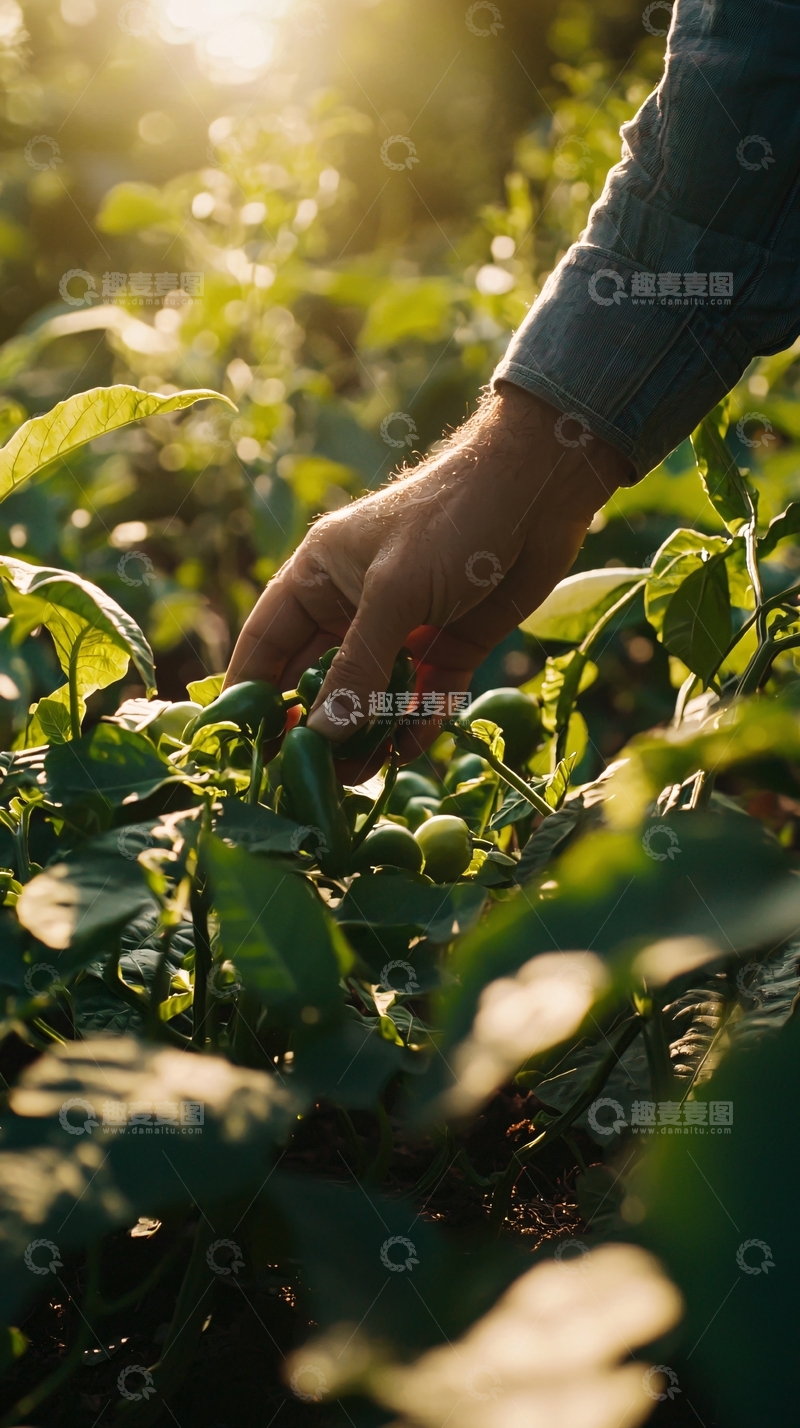 高清大图下载【趣麦麦图】夕阳下采摘绿色辣椒
