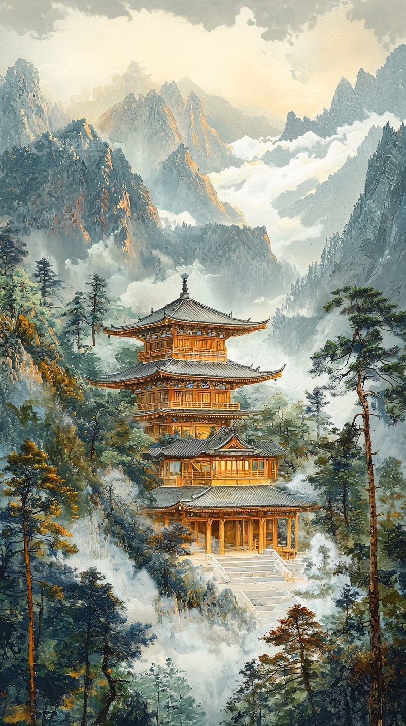 高清大图下载【趣麦麦图】山间古寺云雾缭绕