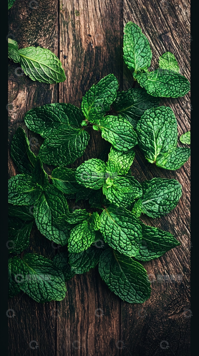 高清大图下载【趣麦麦图】木质背景上的新鲜薄荷叶