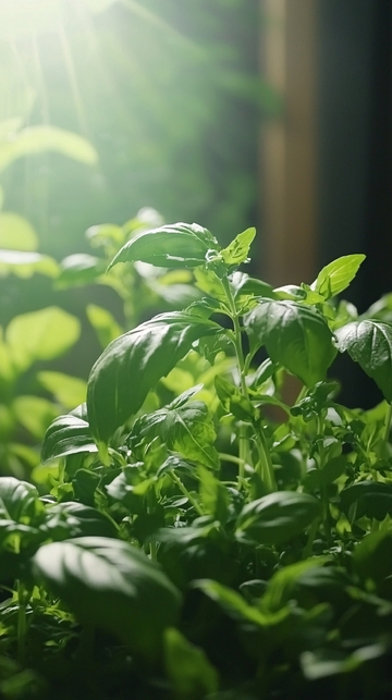 阳光下茂密的罗勒