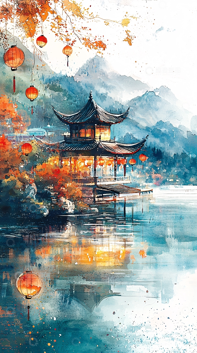 高清大图下载【趣麦麦图】水墨风亭台楼阁山水