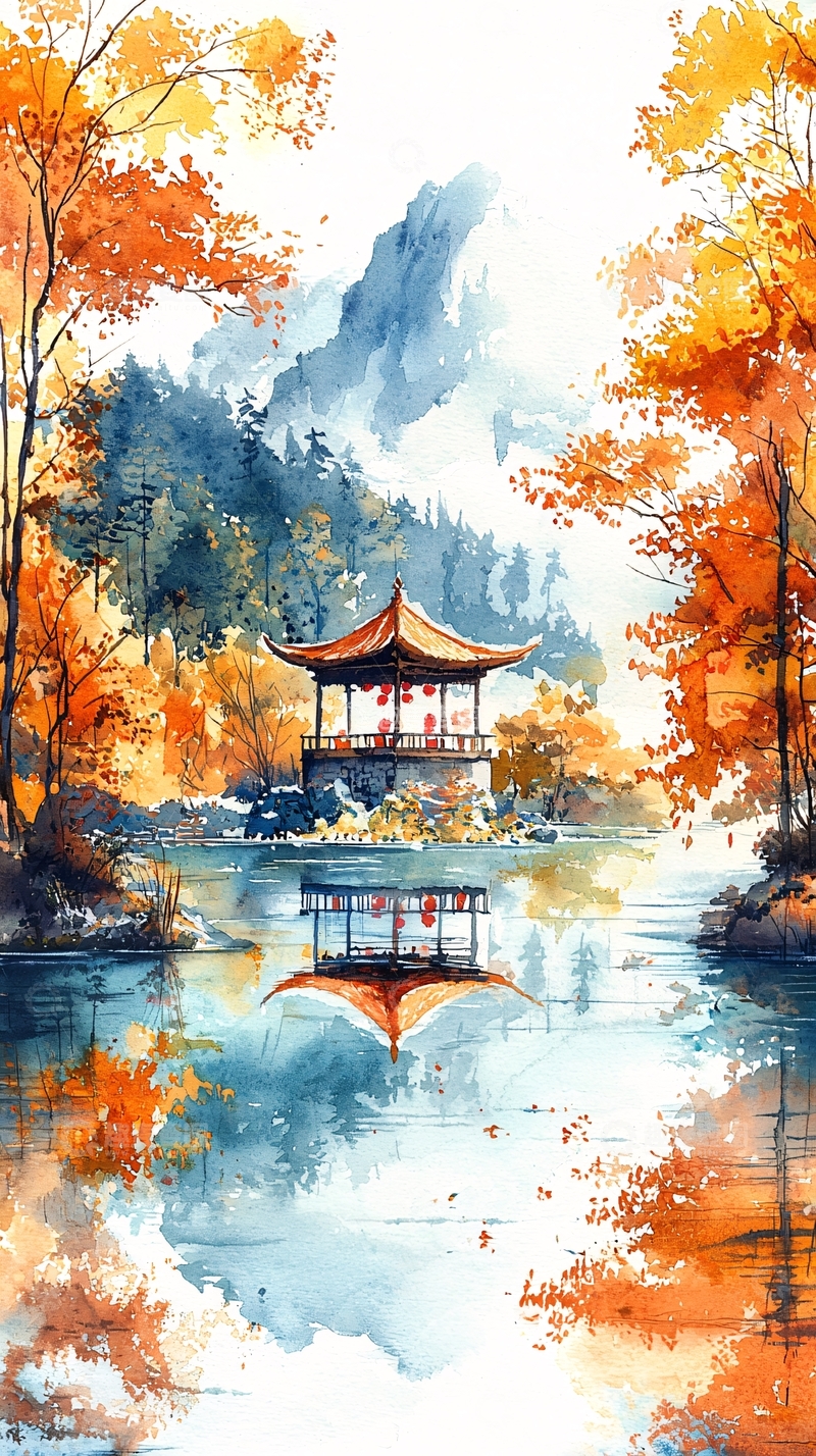 高清大图下载【趣麦麦图】水彩风格的秋日亭台山水画