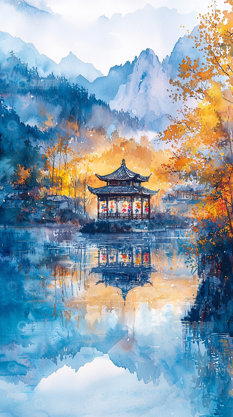 高清大图下载【趣麦麦图】水墨风亭台楼阁山水