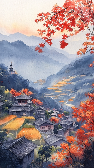 秋日山村水彩画