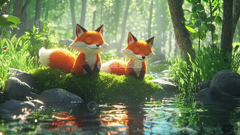 高清大图下载【趣麦麦图】森林里两只小狐狸
