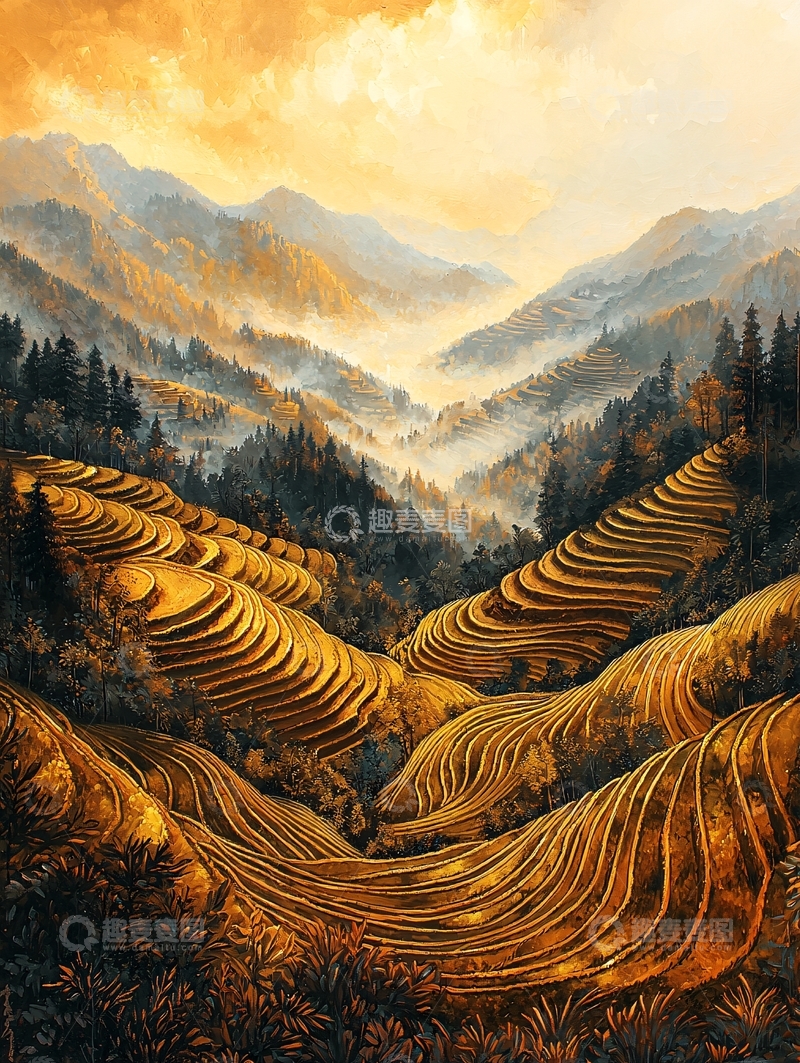 高清大图下载【趣麦麦图】金色梯田在山间延绵