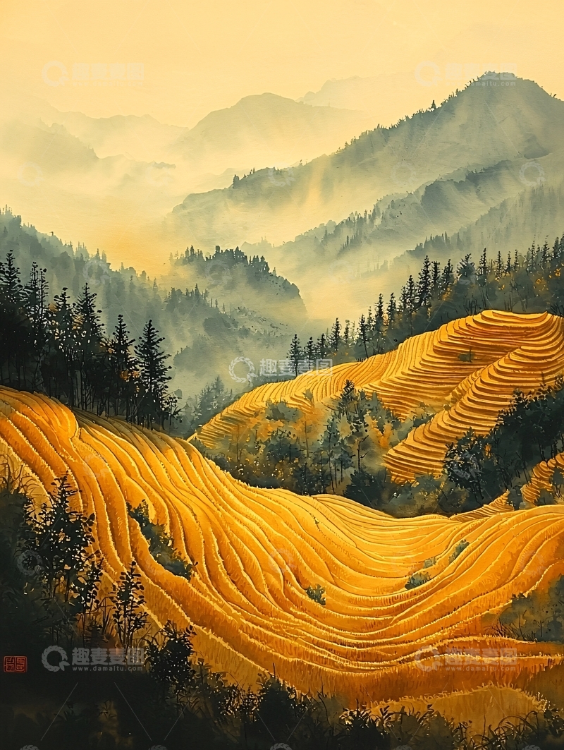 高清大图下载【趣麦麦图】金色梯田笼罩在山间的薄雾中