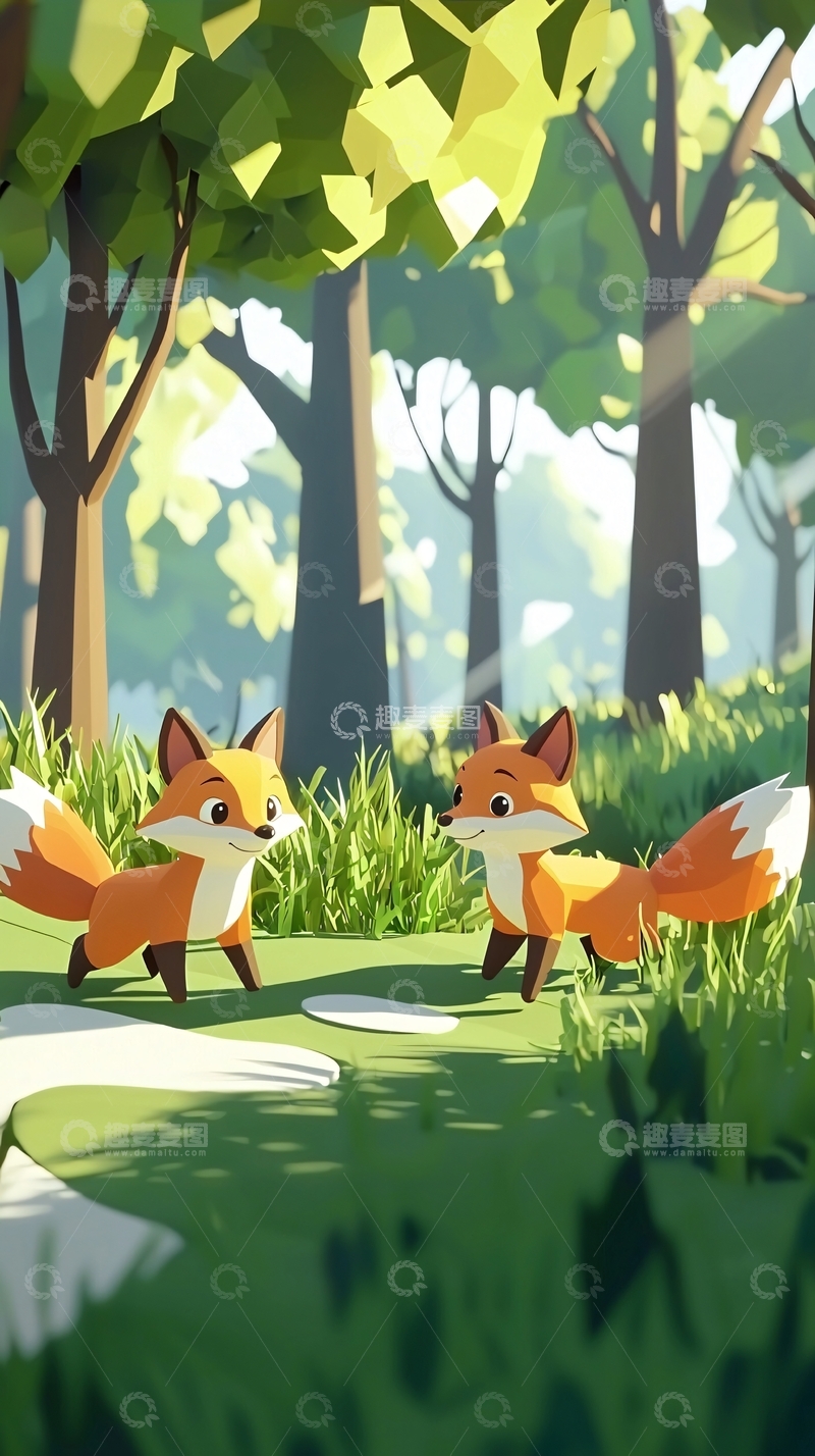 高清大图下载【趣麦麦图】低多边形狐狸森林