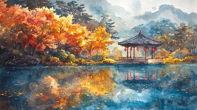 高清大图下载【趣麦麦图】水彩画秋景亭子倒影