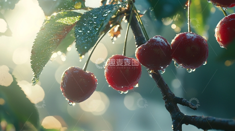 高清大图下载【趣麦麦图】清晨阳光下的雨后红樱桃