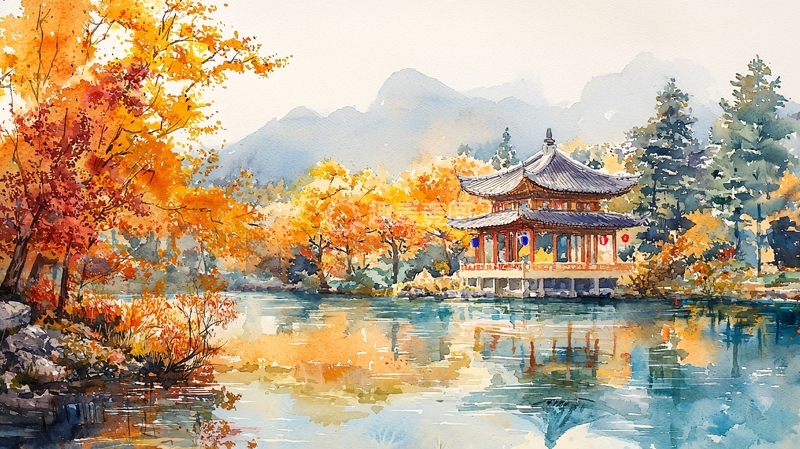 高清大图下载【趣麦麦图】秋日湖畔亭台水彩画