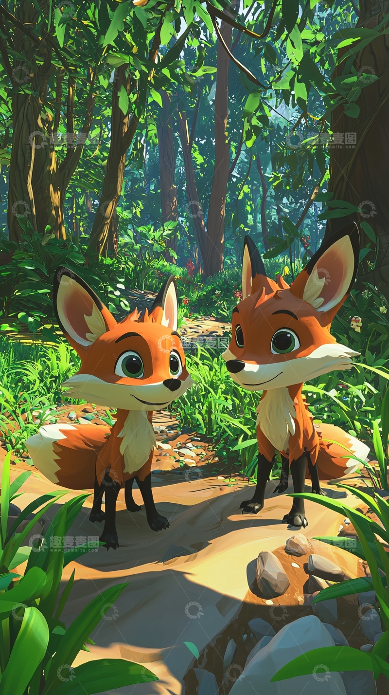 高清大图下载【趣麦麦图】森林里两只可爱的小狐狸