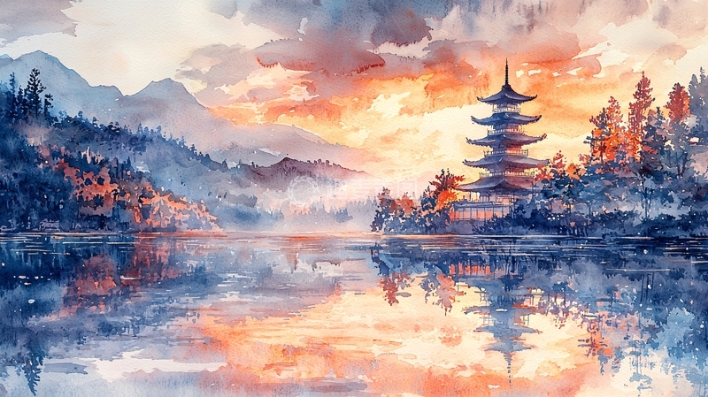 高清大图下载【趣麦麦图】水彩画日落景色