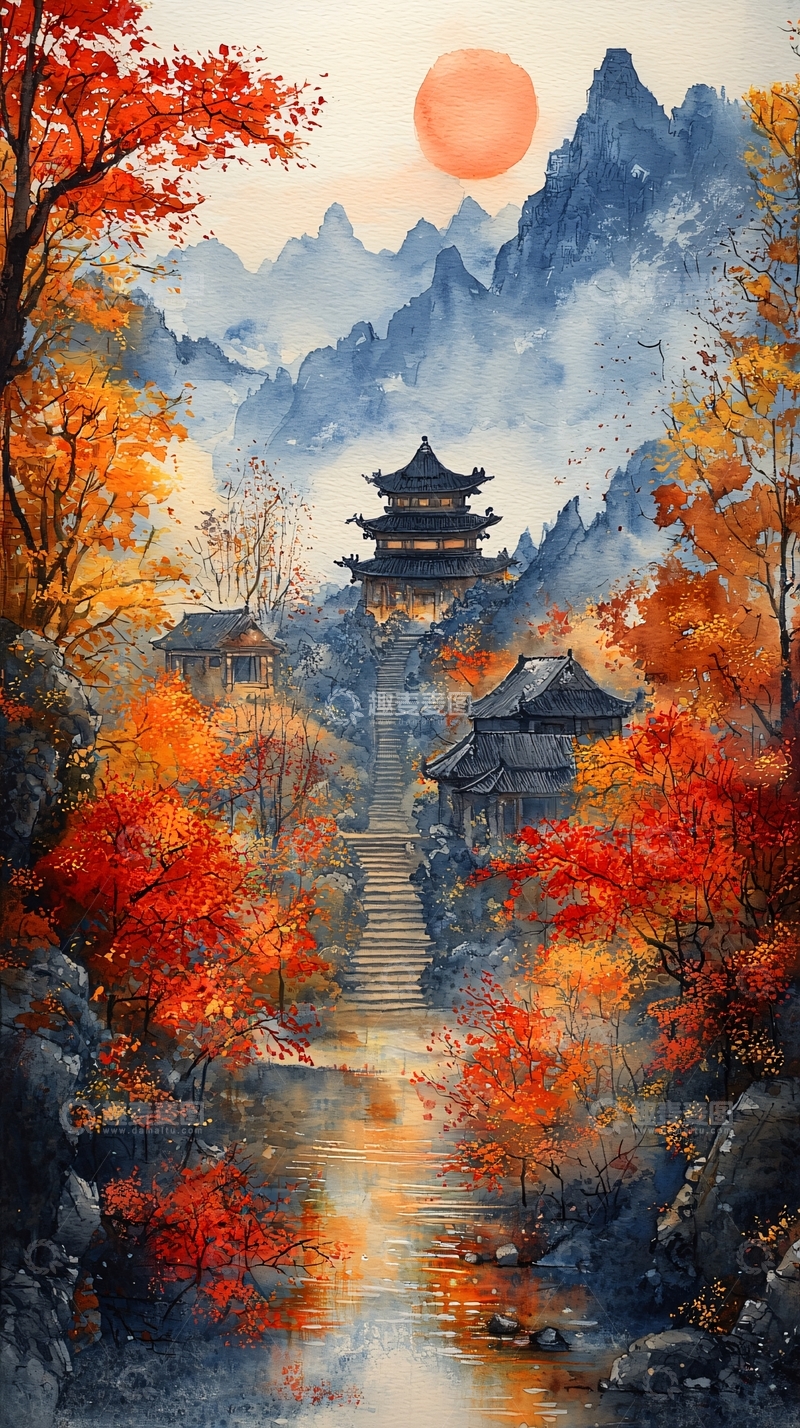 高清大图下载【趣麦麦图】秋日山水间的古建筑