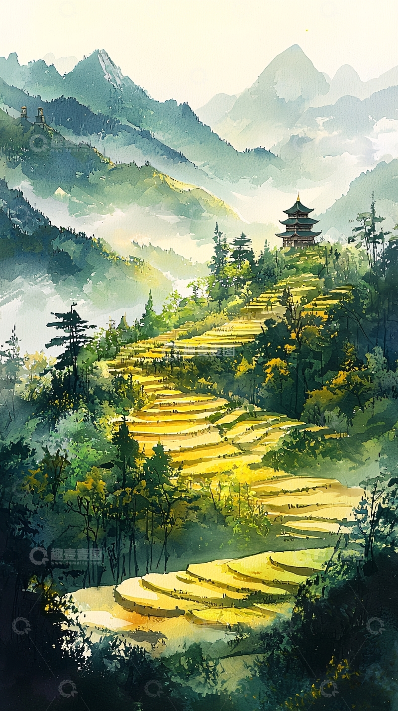 高清大图下载【趣麦麦图】稻田梯田上的寺庙