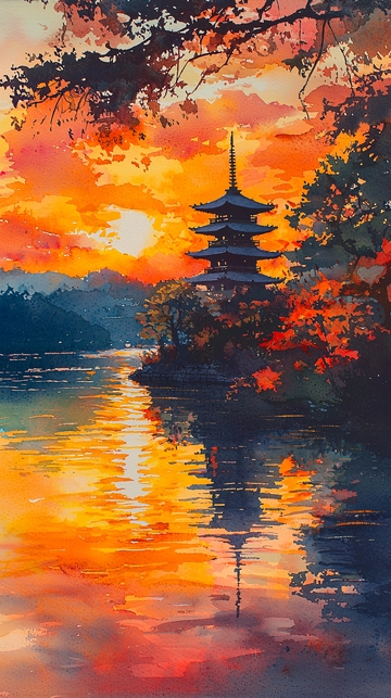 夕阳下的湖边宝塔