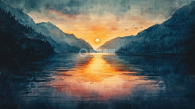 高清大图下载【趣麦麦图】湖面日落群山水彩画