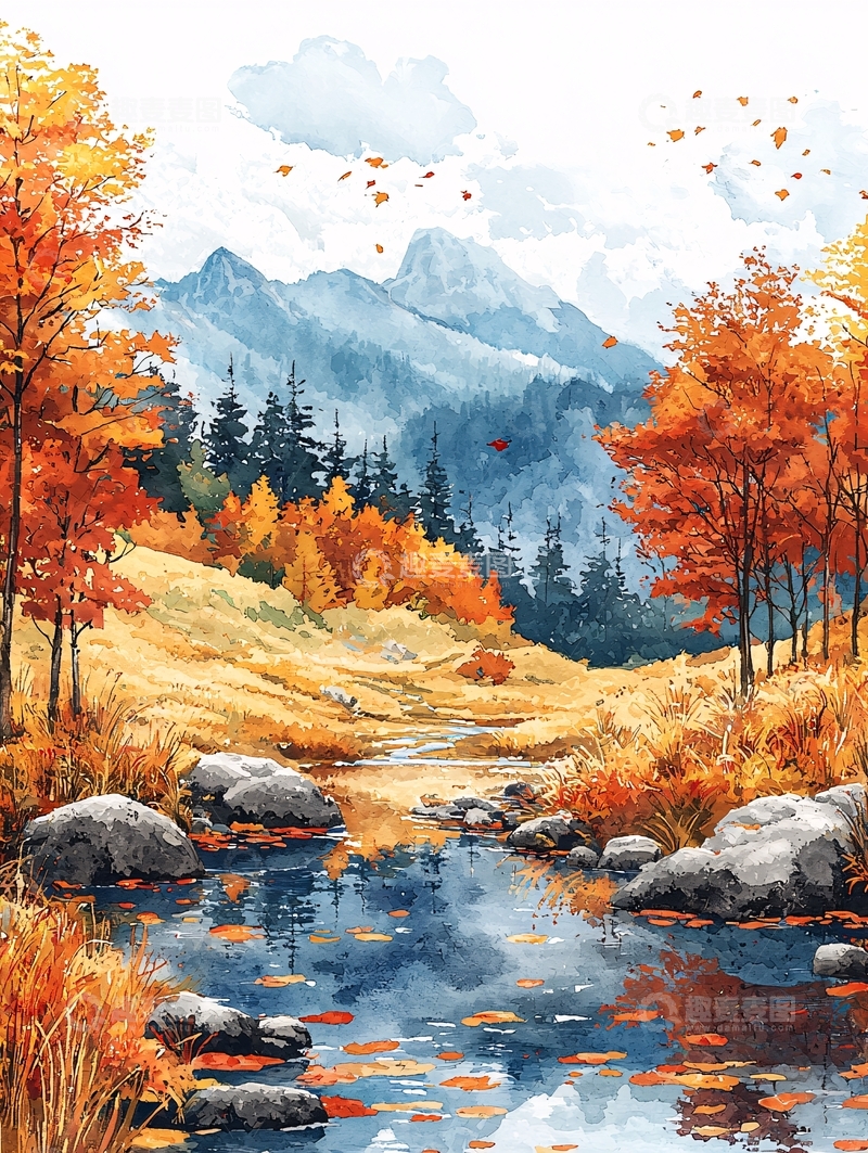 高清大图下载【趣麦麦图】秋日水彩山景