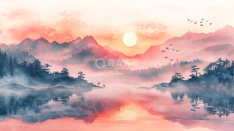 高清大图下载【趣麦麦图】水墨山水日出云雾