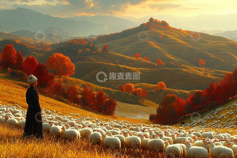 高清大图下载【趣麦麦图】秋日牧羊人与绵羊群