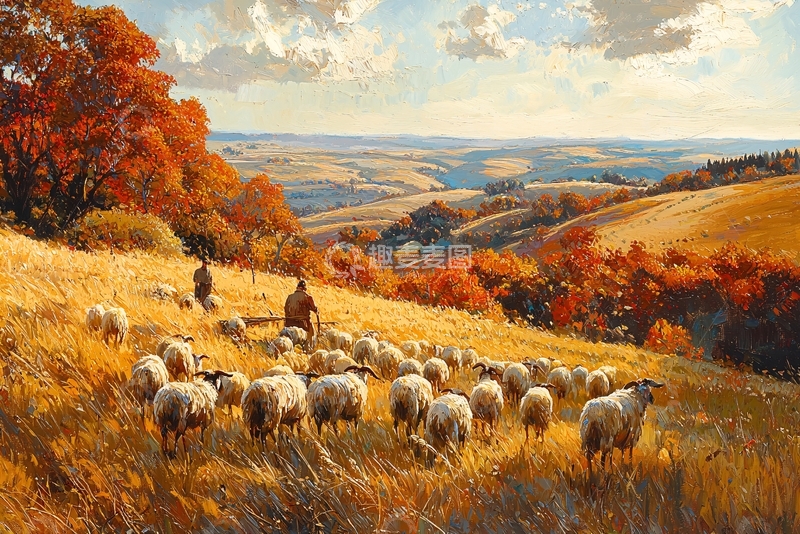 高清大图下载【趣麦麦图】秋日牧羊人与绵羊
