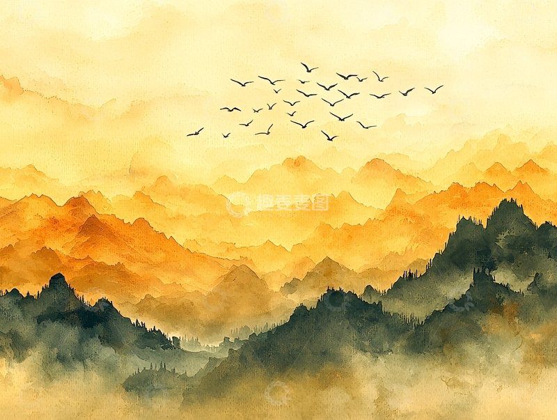 高清大图下载【趣麦麦图】水墨山水飞鸟剪影