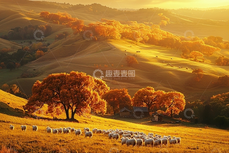高清大图下载【趣麦麦图】金色阳光下的田园牧歌