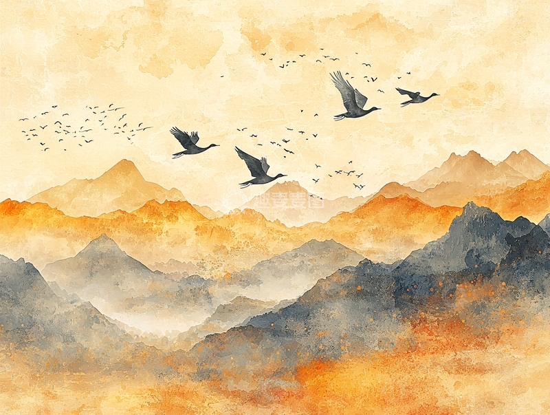 高清大图下载【趣麦麦图】水墨山水飞鸟国风意境