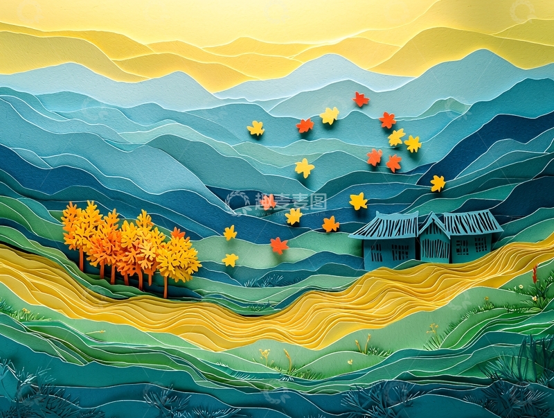 高清大图下载【趣麦麦图】秋季山水纸艺小屋落叶