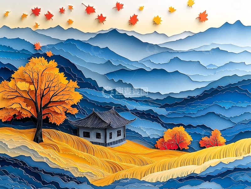 高清大图下载【趣麦麦图】秋日山景水墨风格