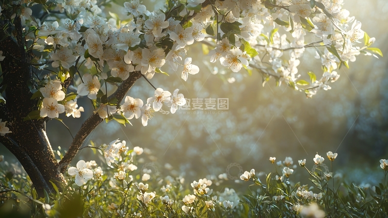 高清大图下载【趣麦麦图】阳光下的白色花树