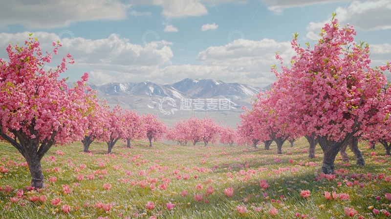 高清大图下载【趣麦麦图】粉红桃花树与雪山背景