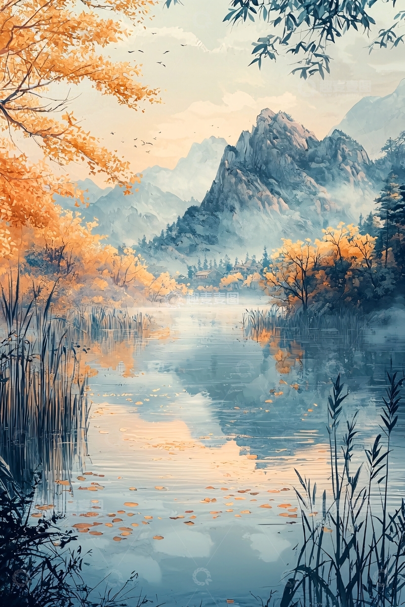 高清大图下载【趣麦麦图】水面平静的山水画