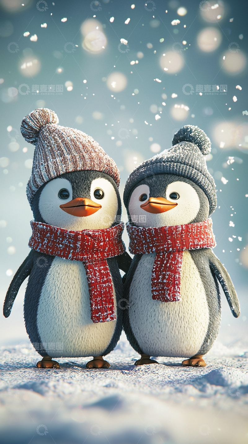 高清大图下载【趣麦麦图】戴帽子的企鹅情侣