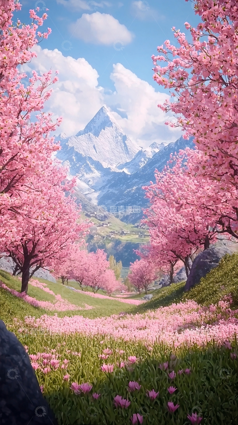 高清大图下载【趣麦麦图】粉红色的樱花树和雪山