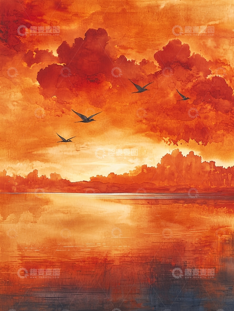 高清大图下载【趣麦麦图】火烧云映衬下的湖面飞鸟