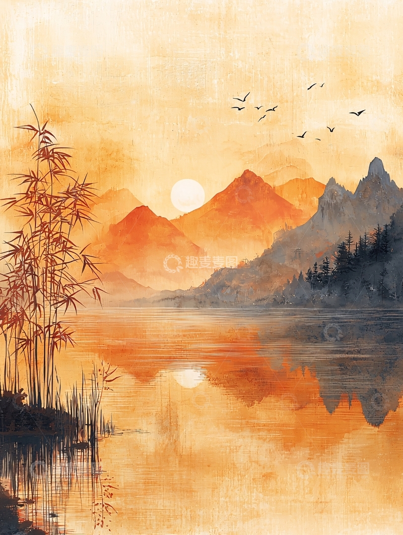 高清大图下载【趣麦麦图】水墨山水日出湖面