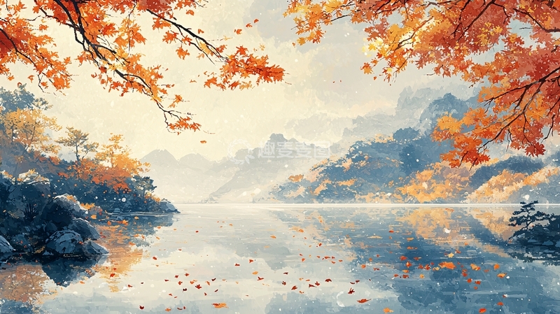 高清大图下载【趣麦麦图】秋枫映湖山景图