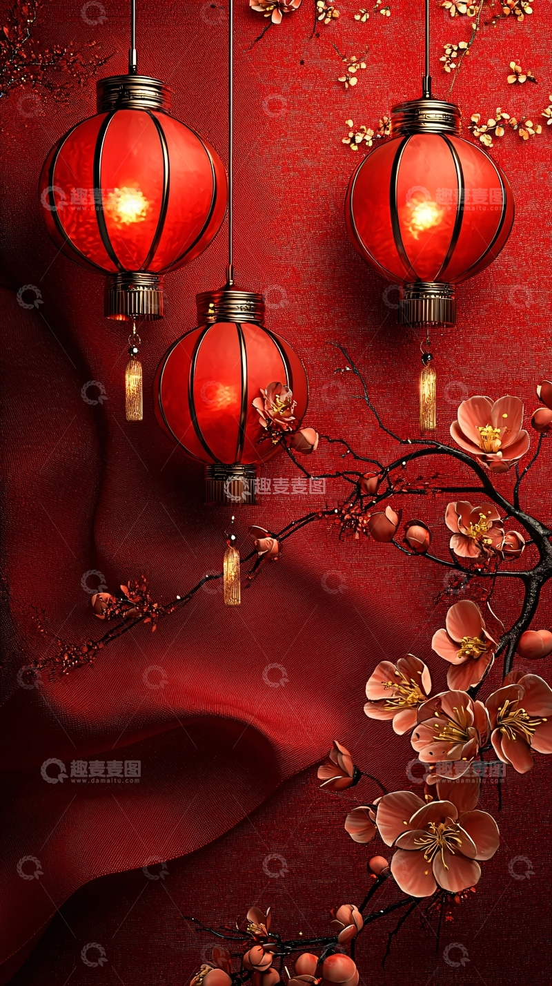 高清大图下载【趣麦麦图】红色灯笼和梅花