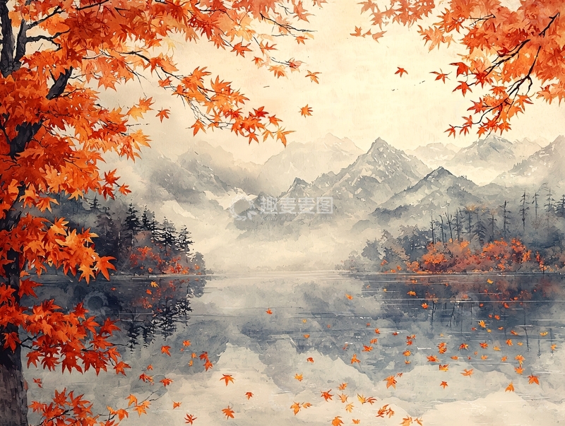 高清大图下载【趣麦麦图】秋枫红叶倒映山湖