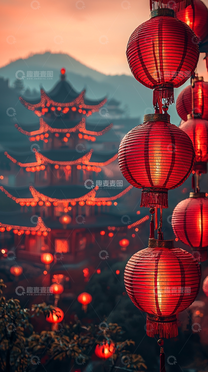 高清大图下载【趣麦麦图】中国风灯笼古建筑夜景