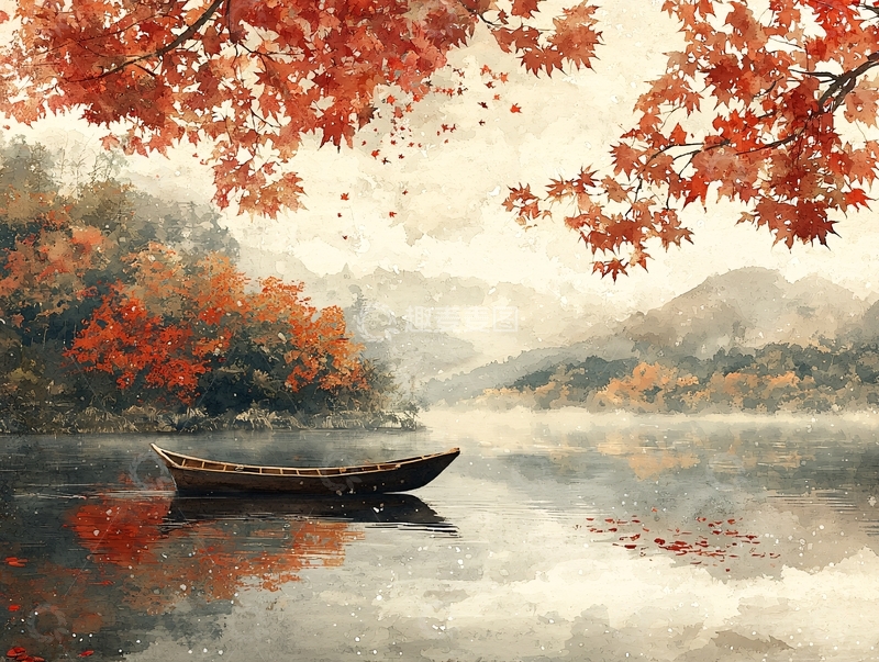 高清大图下载【趣麦麦图】秋日湖泊小舟