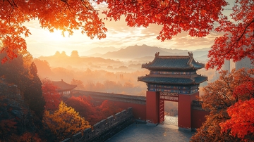 秋日红叶古城门