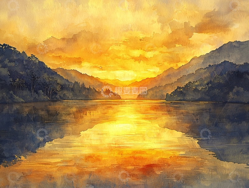 高清大图下载【趣麦麦图】水彩画日落