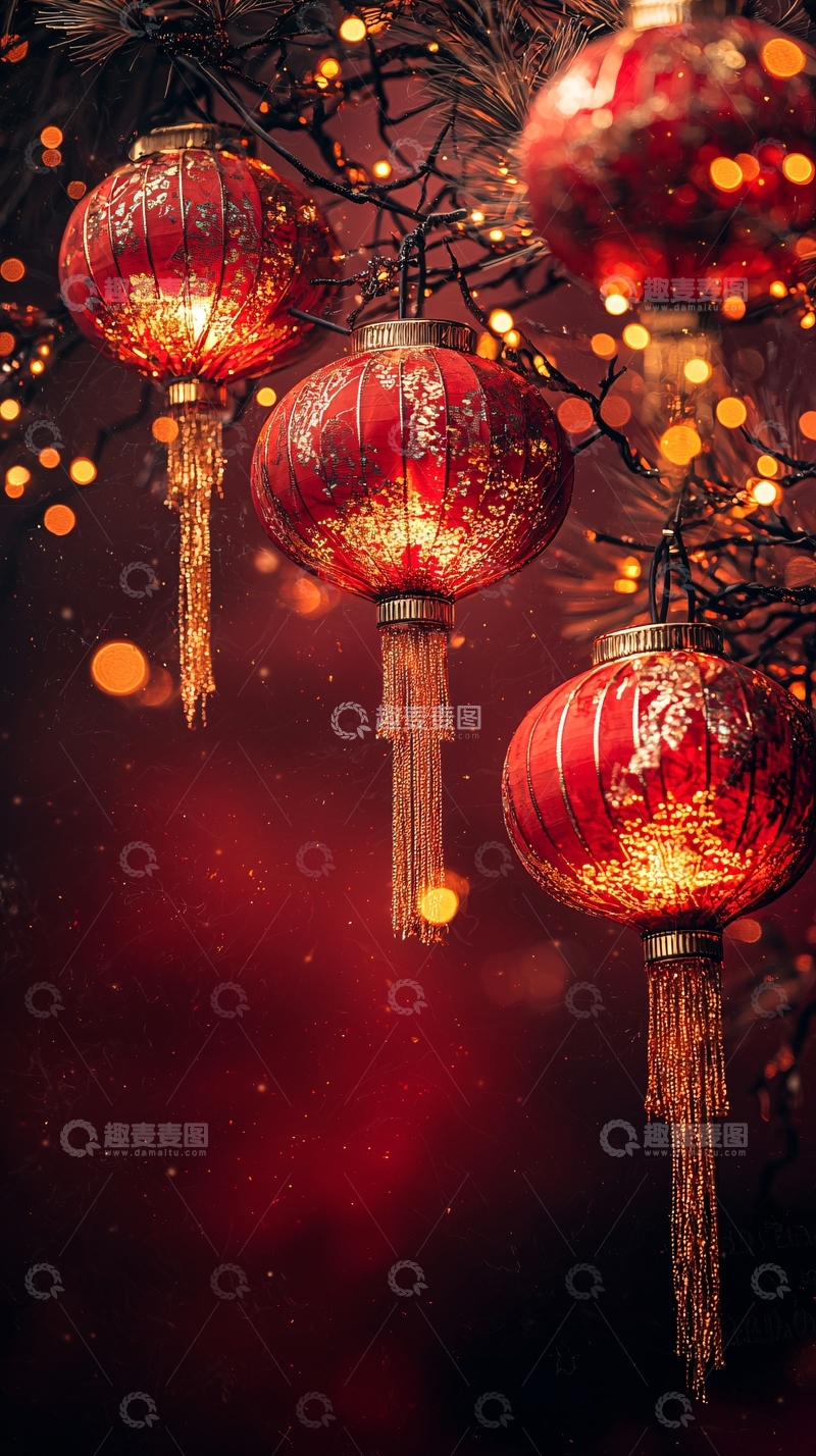 高清大图下载【趣麦麦图】喜庆的红色灯笼挂在树枝上